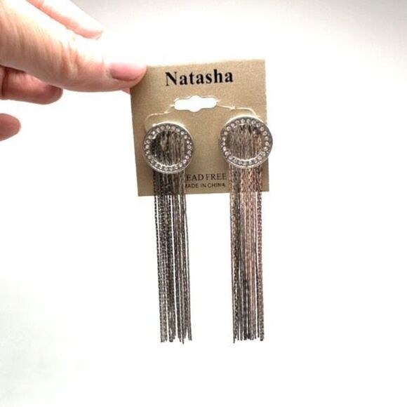 NWT Natasha Silver Tone Fringe Dangle & Pave Rhinestone Earrings Cocktail - Picture 5 of 10